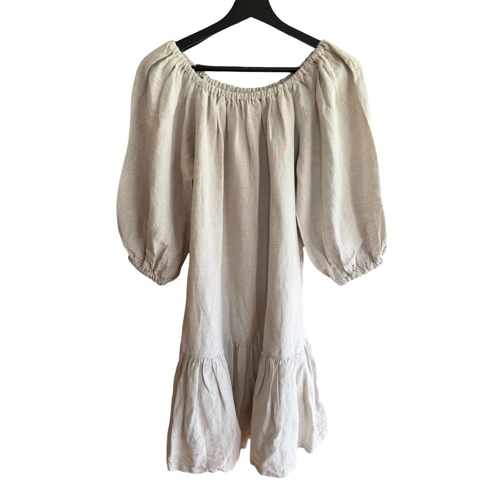 Tommy Bahama Beige‎ Linen Blend Peasant Mini Dress Balloon Sleeve Pockets XS